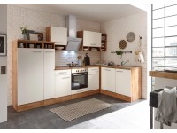 Respekta Kuchyně Hilde L bílá/dub 310 cm-trouba+sklok.d./digestoř/myčka/lednice