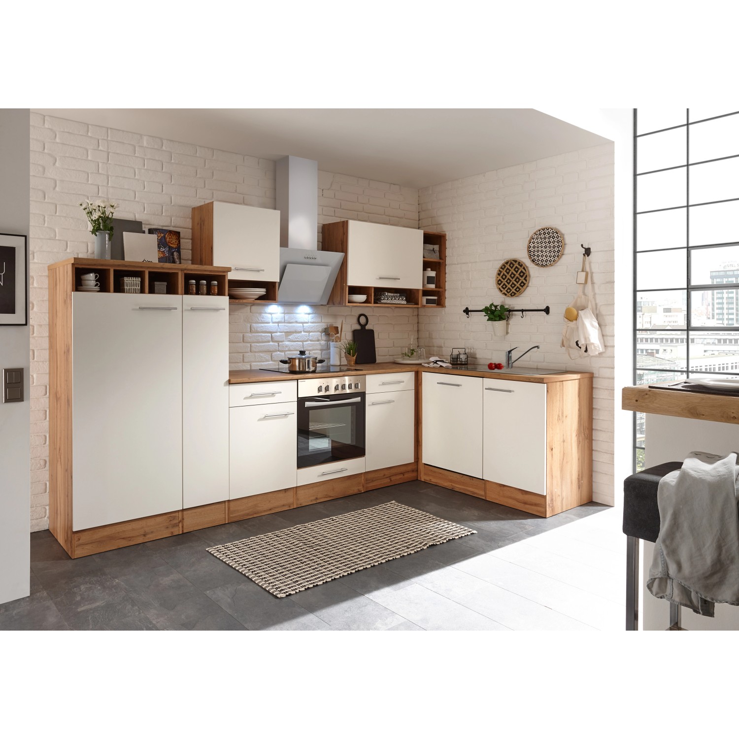 Respekta Kuchyně Hilde L bílá/dub 310 cm-trouba+sklok.d./digestoř/myčka/lednice