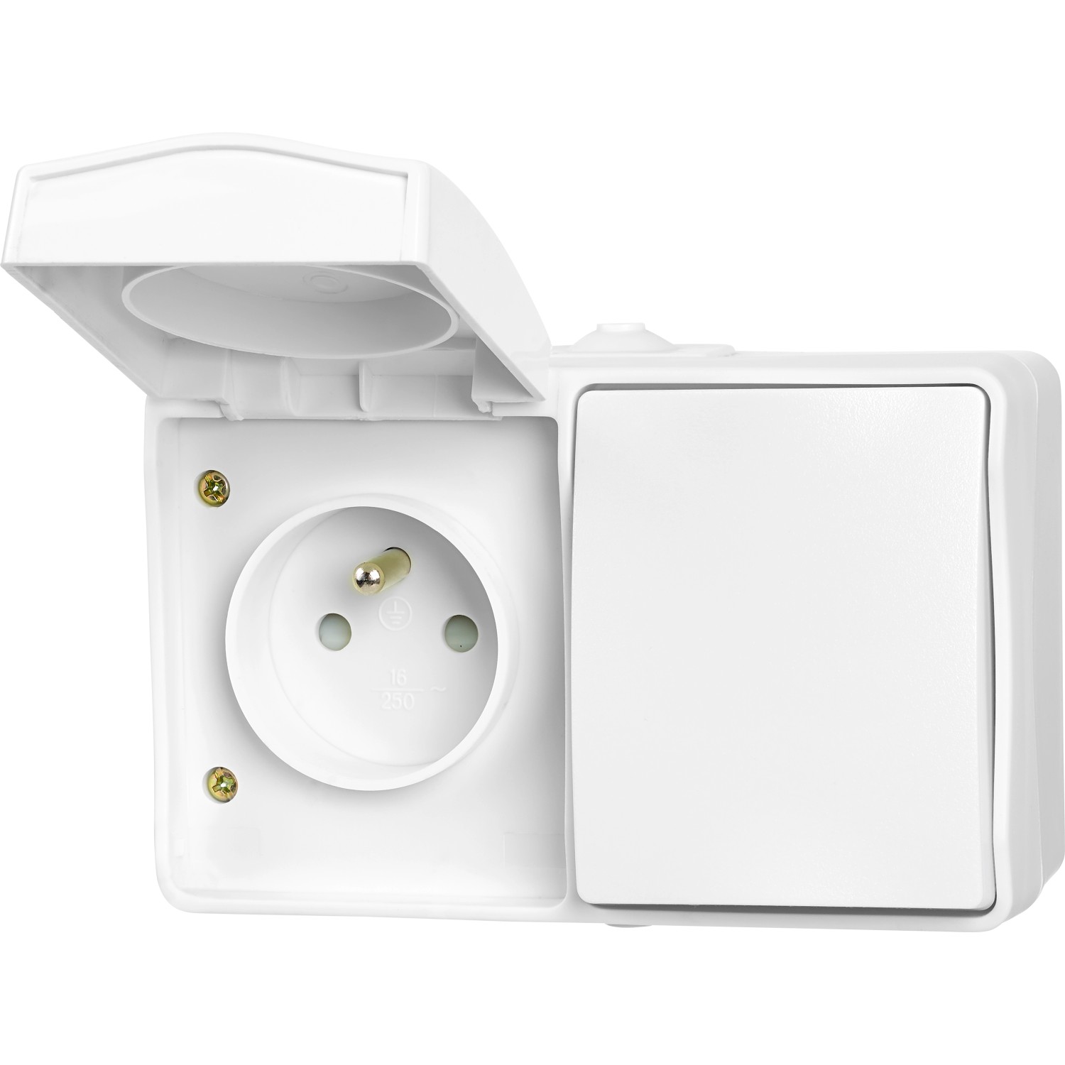 Zásuvka se středovým ochranným kontaktem + vypínač/přepínač IP54 bílá