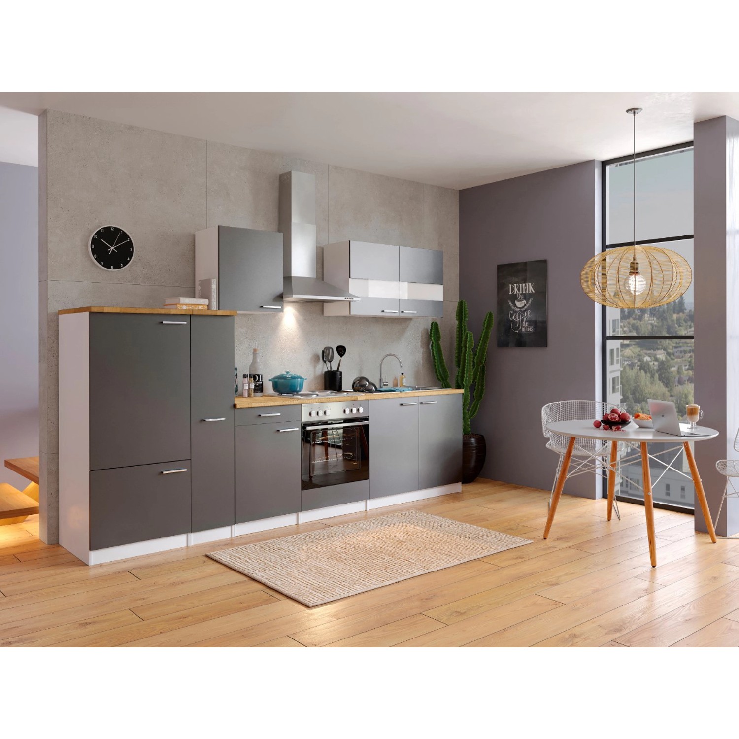 Respekta Kuchyně Malia šedá/ořech 300 cm - nerez.deska/komínová digestoř/lednice