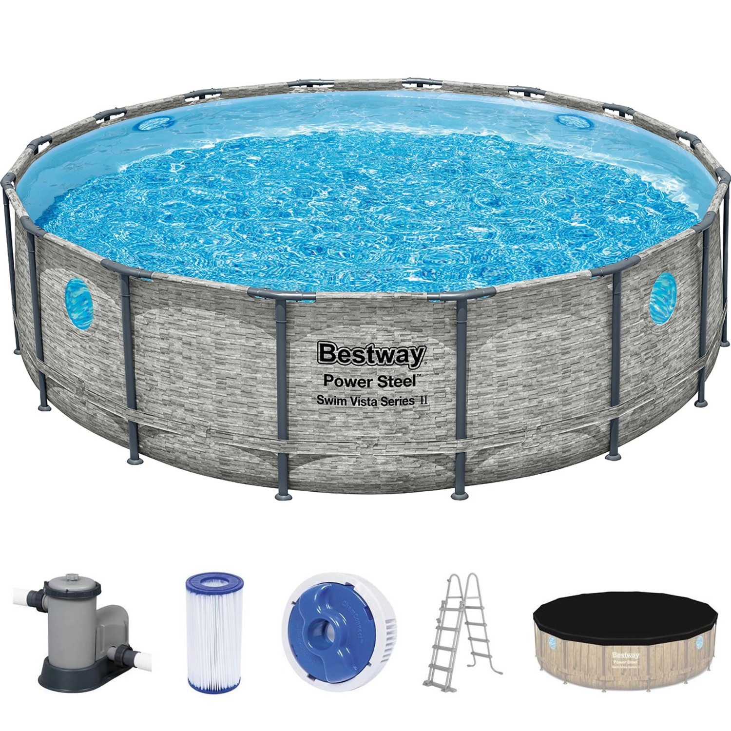 Bestway Bazén Power Steel SwimVista čerpadlo kartuše schůdky kámen. pr.488x122cm