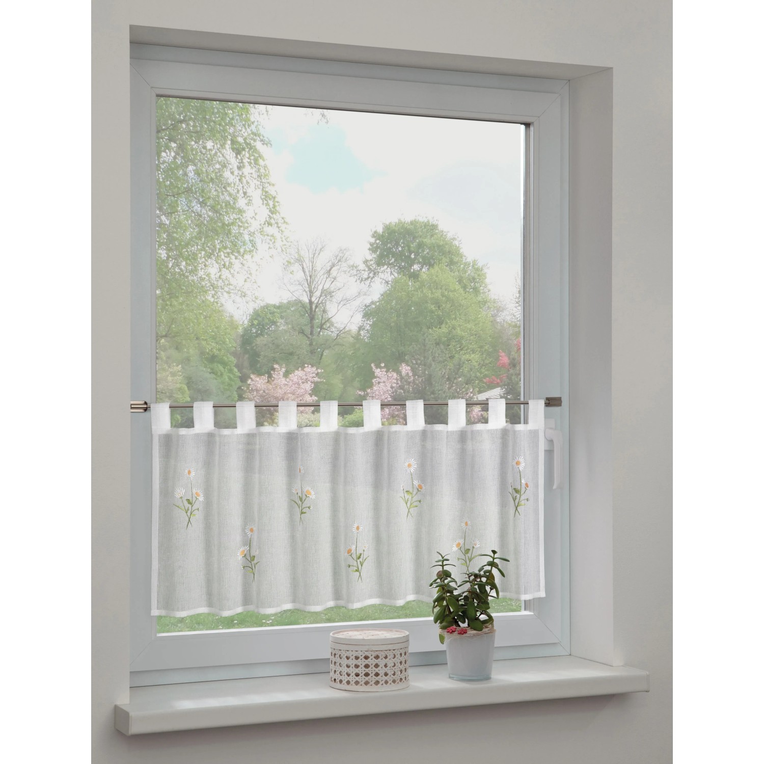 Sehlbach Vitrážová záclona s poutky, sedmikrásky, bílá, 140 x 48 cm