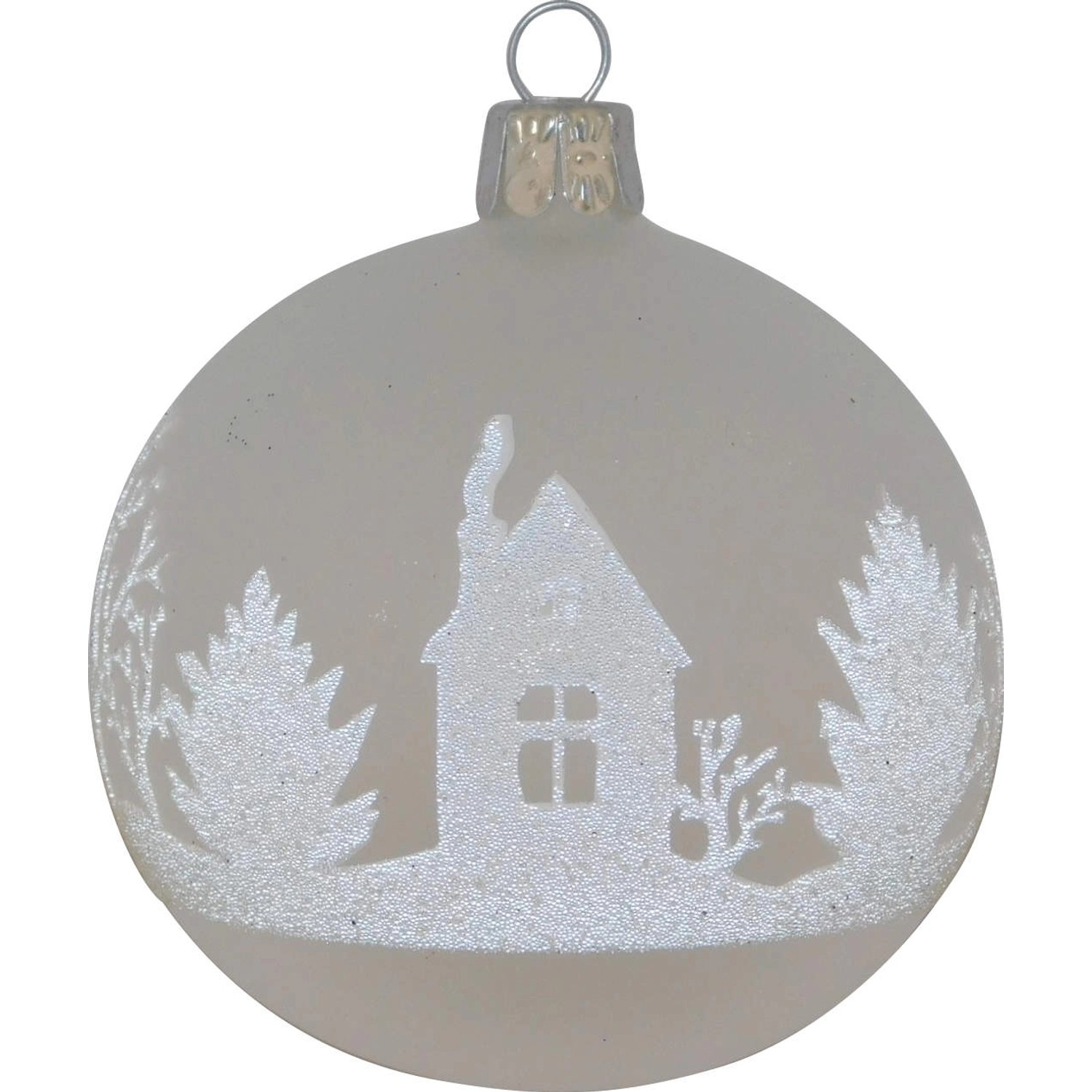 Ornex Vánoční ozdoba skleněná koule s domkem bílá, 8 cm