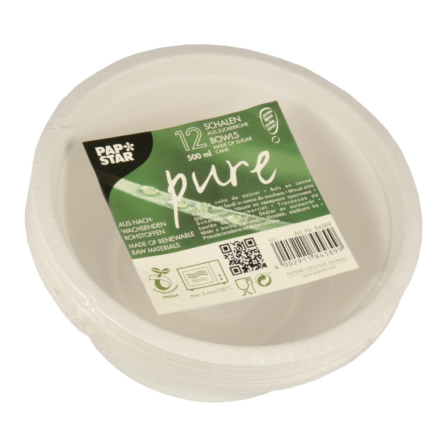 PAPSTAR Misky z cukrové třtiny PURE bílé 500 ml, pr. 15,5 x 5,4 cm, 12 ks