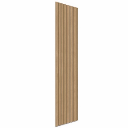 Akustický panel dub přírodní, nástěnný panel s dřevěnými lamelami na černé plsti, výška 240 cm.