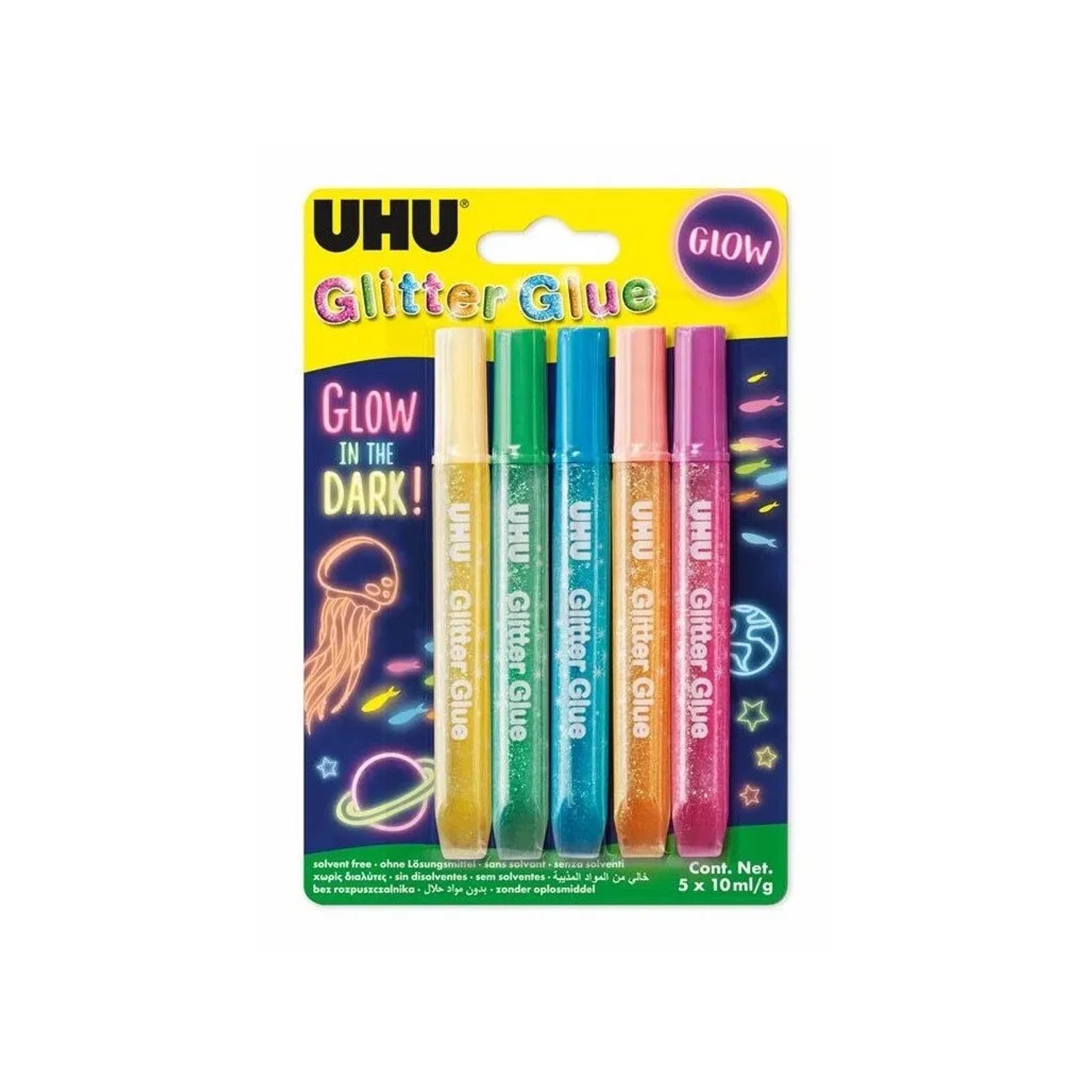 UHU gelová lepidla Glitter Glue 5 x 10 ml Glow in the Dark