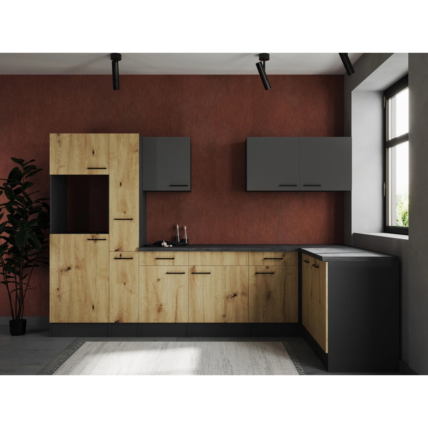 Respekta Kuchyně Oliver L dub Artisan+šedá matná/žula 310 cm - bez el. přístrojů