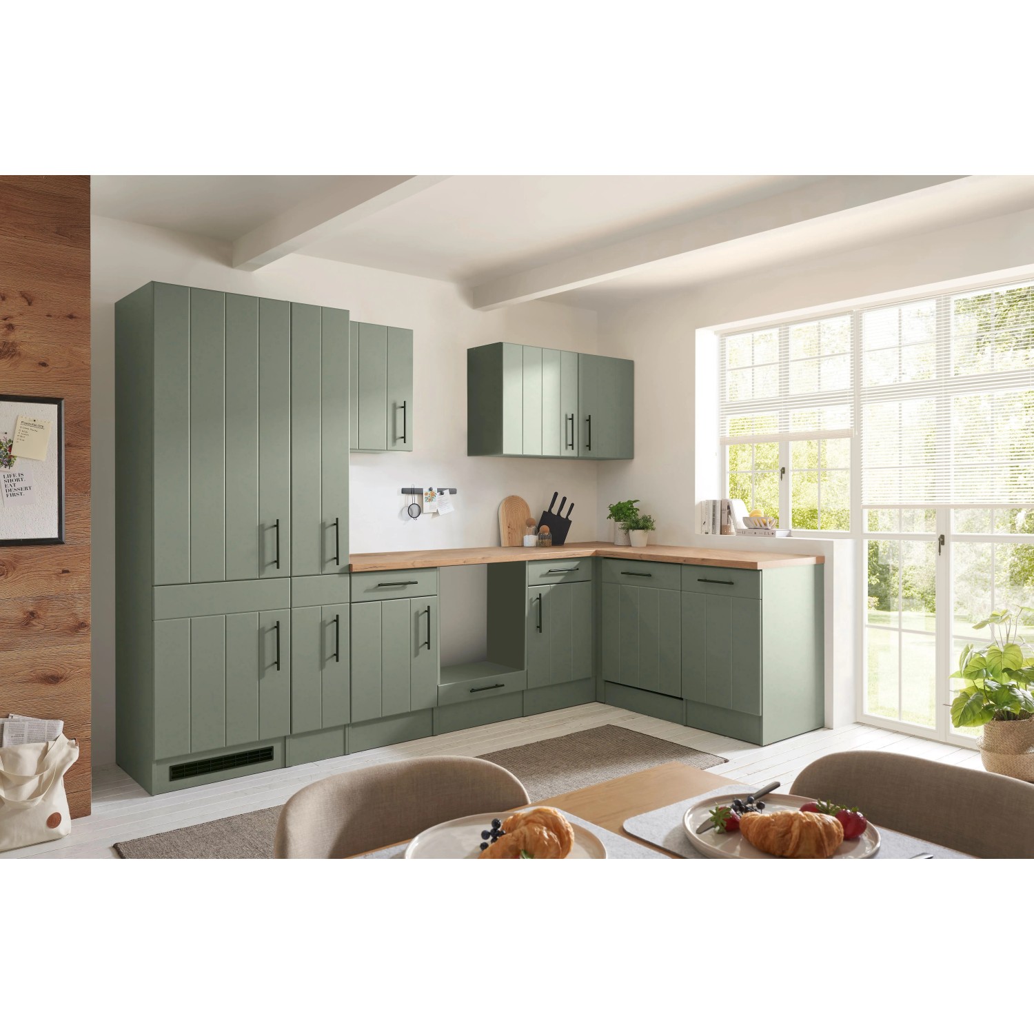 Respekta Kuchyně Anton L zelená/dub divoký 310 cm-bez el. přístrojů