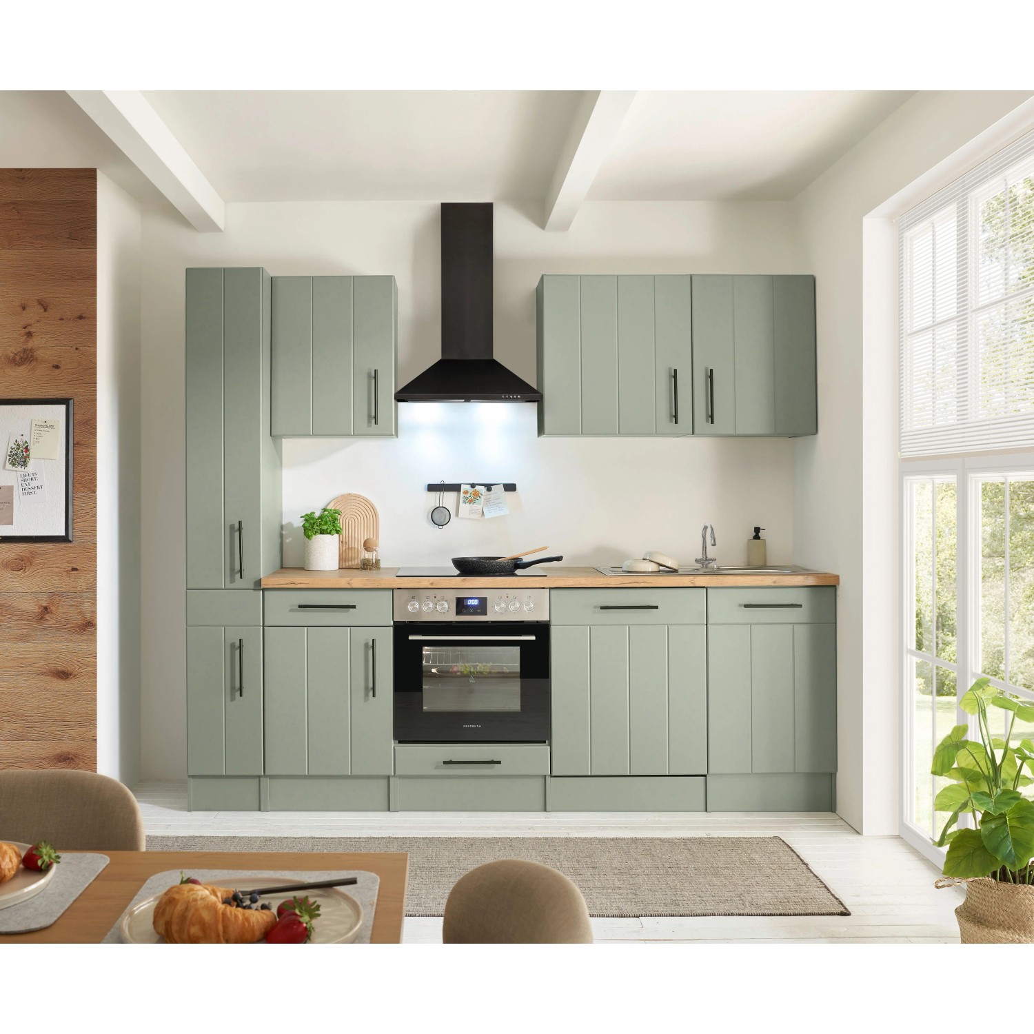 Respekta Kuchyně Anton zelená/dub divoký 250 cm-trouba+skl.deska/myčka/digestoř