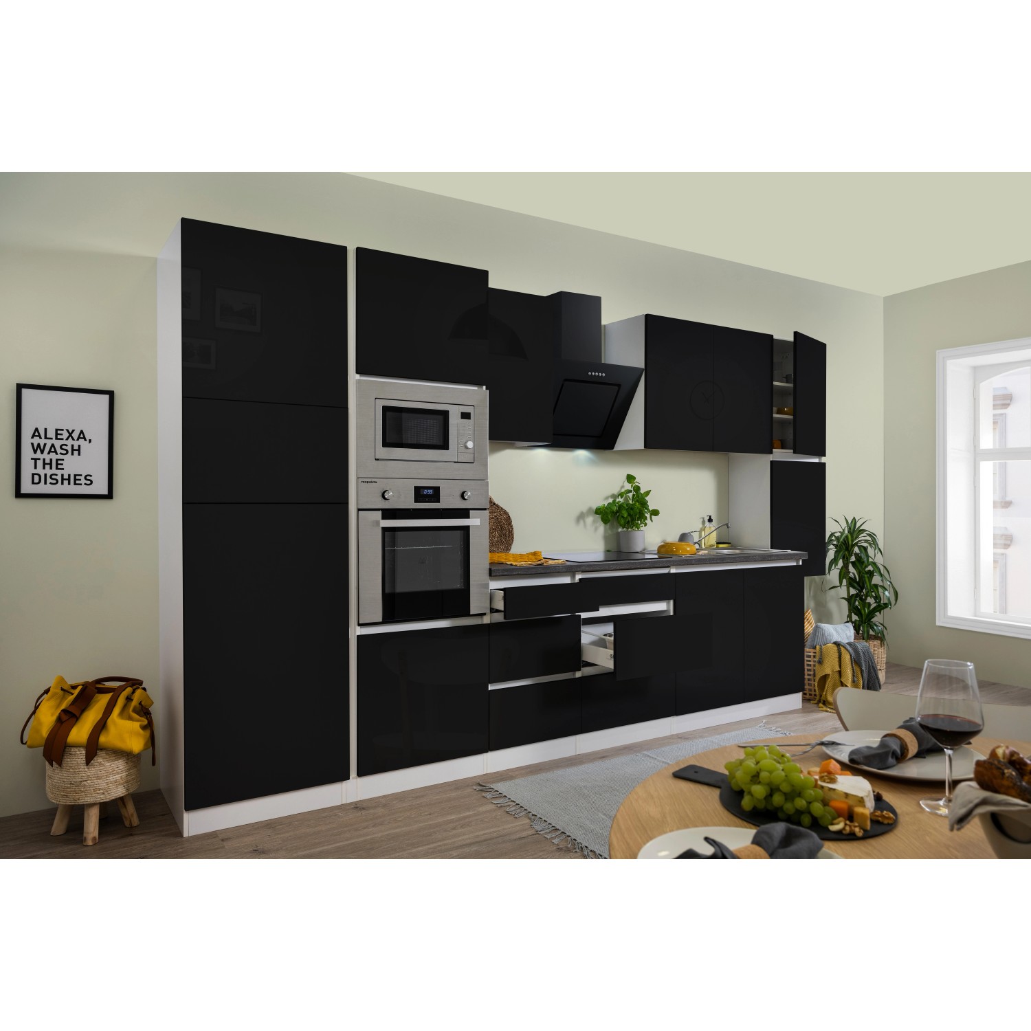 Respekta Kuchyně Lorena černá/žula 385 cm-trouba/skl.d./digestoř/lednice/mikr.