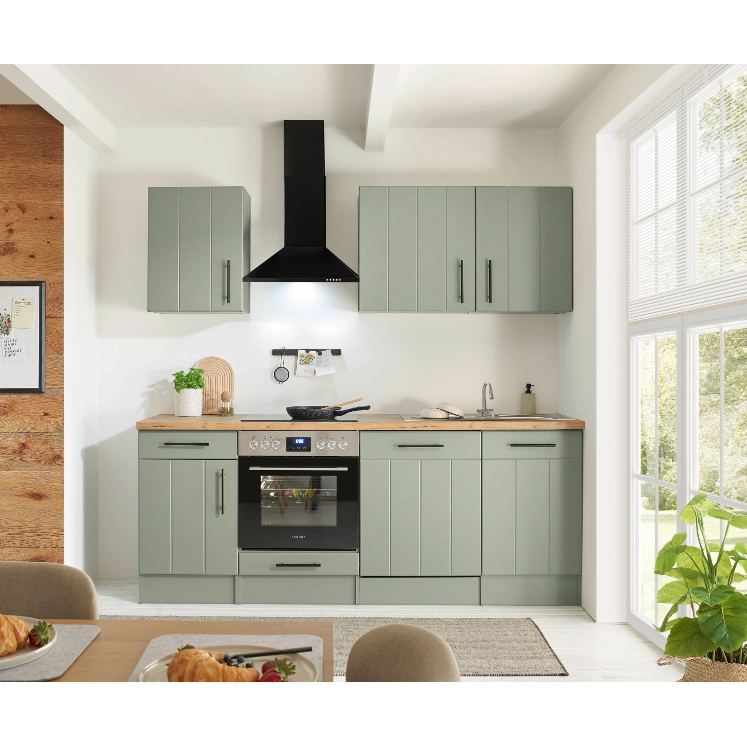 Respekta Kuchyně Anton zelená/dub divoký 220 cm-trouba+skl.deska/myčka/digestoř