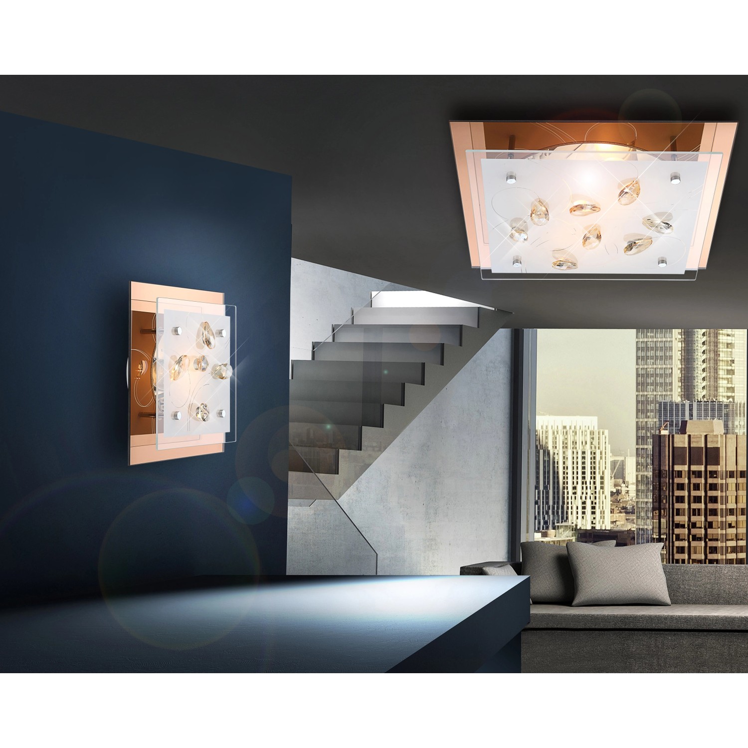 Globo Stropní svítidlo AYANA, 3x E27, jantarové/opálové, 42 x 42 x 8,5 cm