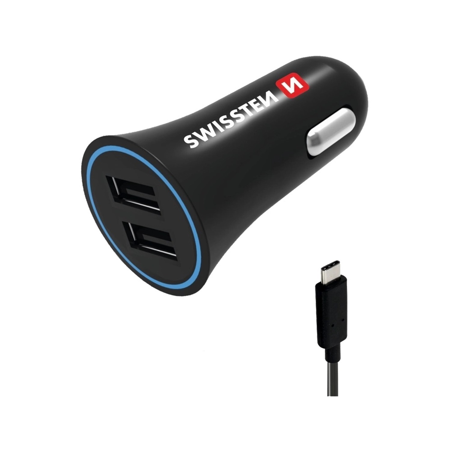 SWISSTEN Nabíječka USB-A 12/24V, 2,4 A, 2x USB-A, kabel USB-C, 1,2 m