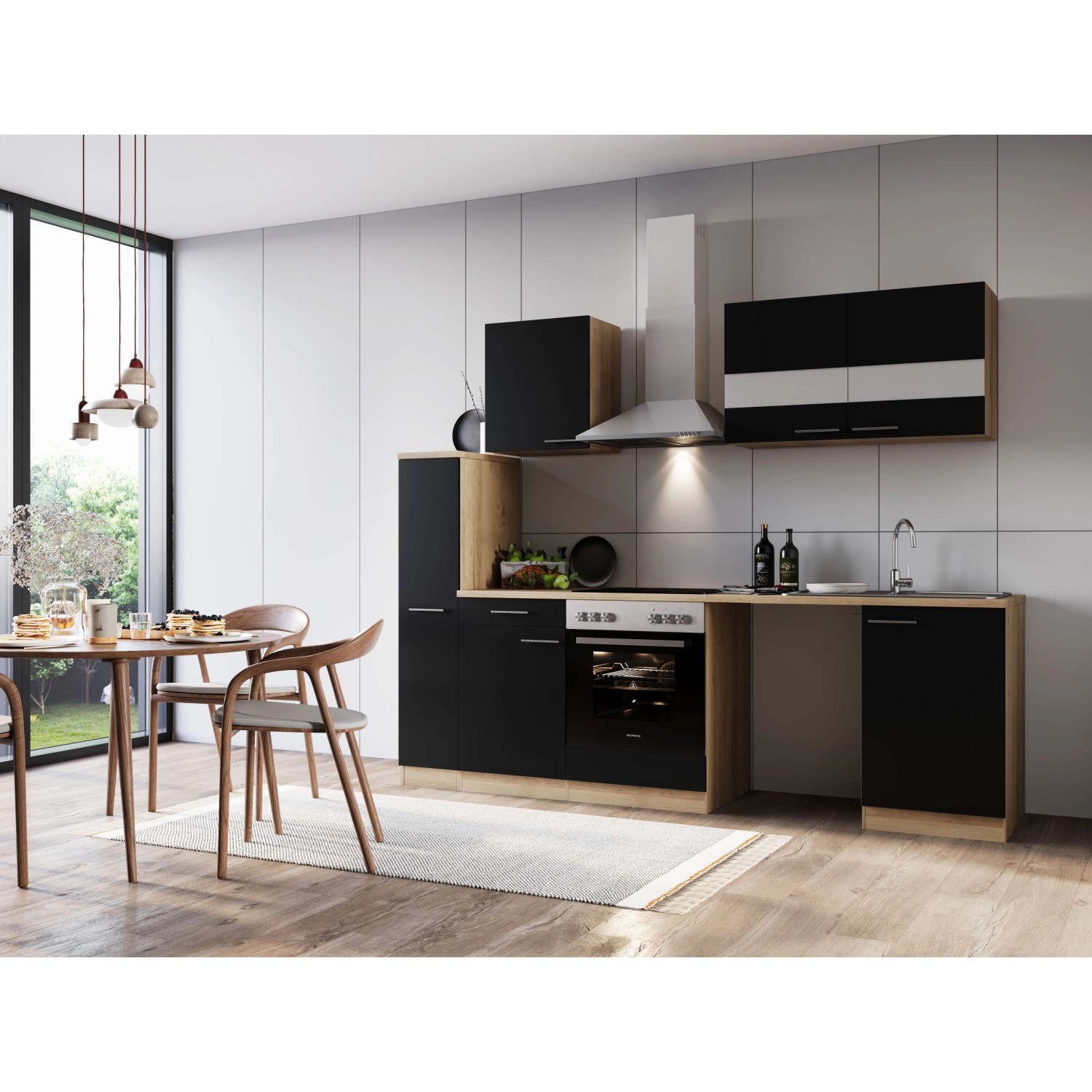 Respekta Kuchyně Merle černá/dub 250 cm-skl.deska/komín.digestoř/nika na pračku