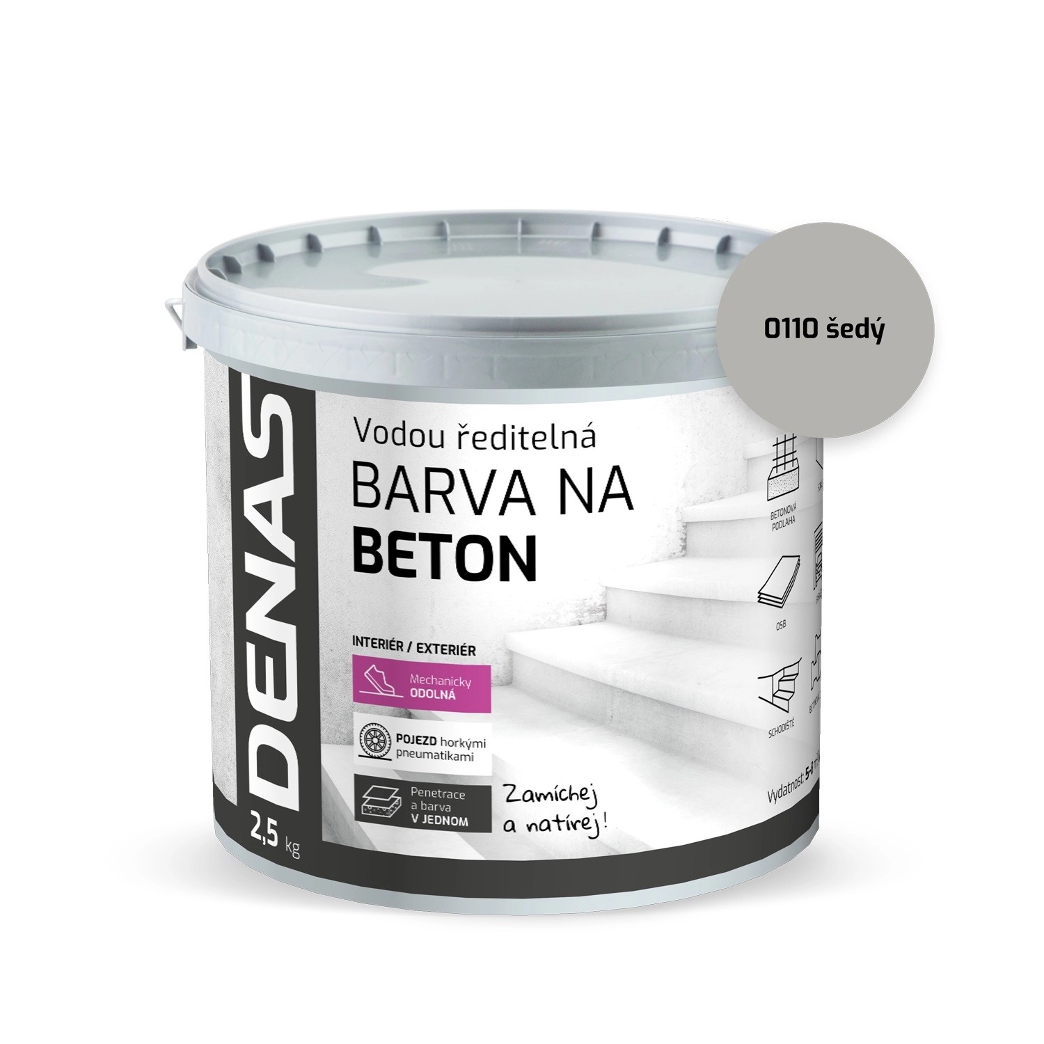 DENAS Vodou ředitelná barva na beton BETON 0110 šedá 2,5 kg