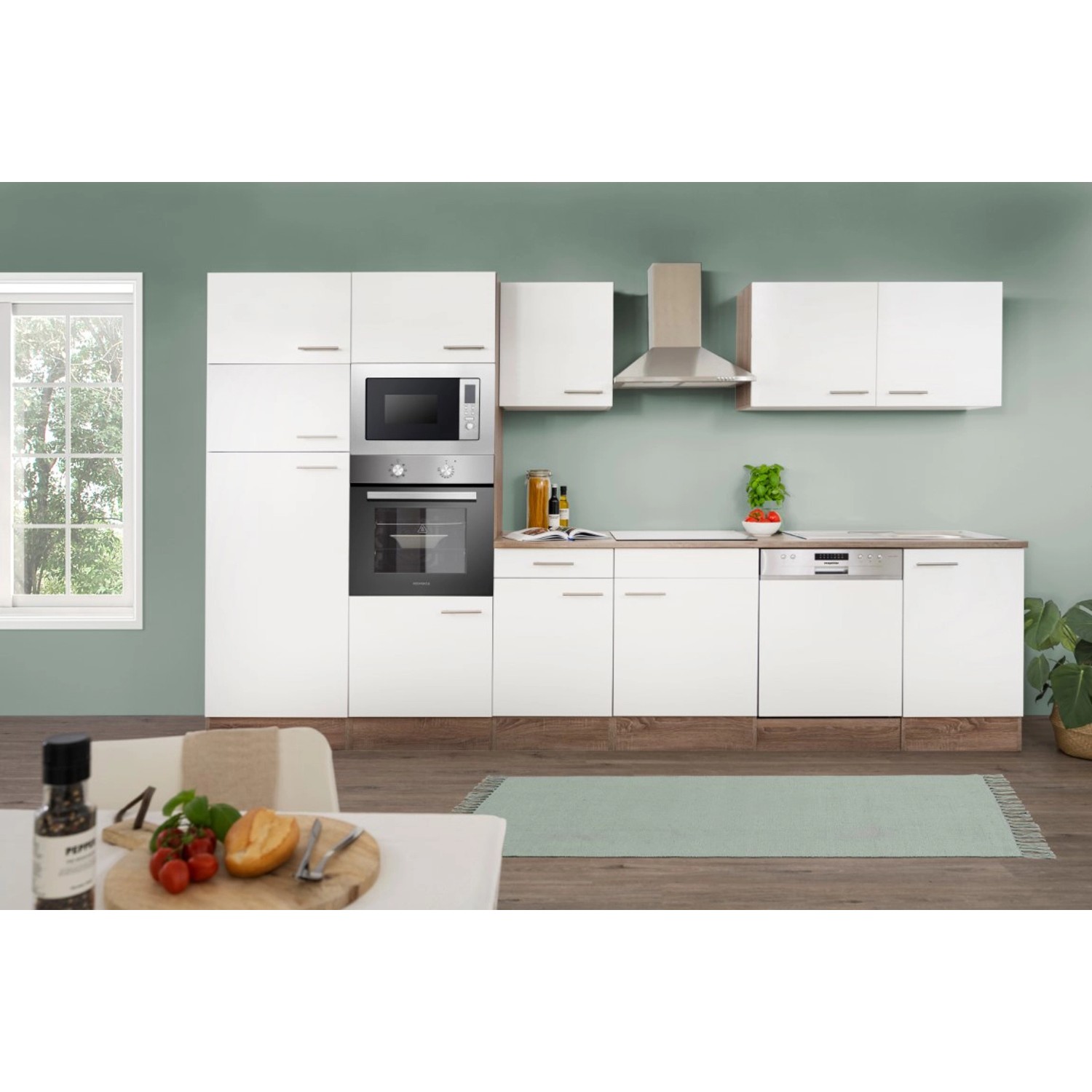 Respekta Kuchyně Oliver bílá/dub 340 cm-trouba/sklok.d./dig./myčka/lednice/mik.