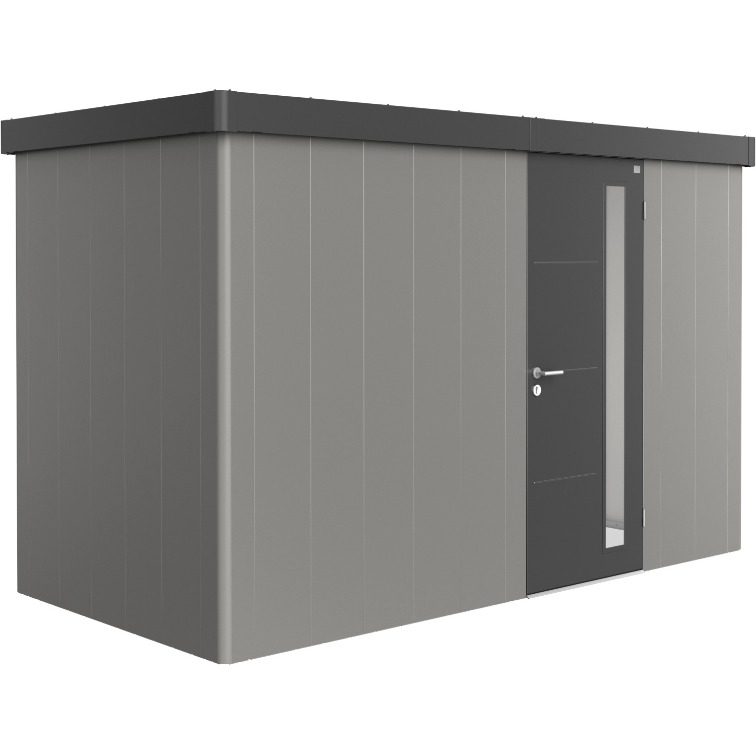 Biohort Plechový zahradní domek Neo1D 2.3 standardní dveře kř. šedá 348 x 180 cm