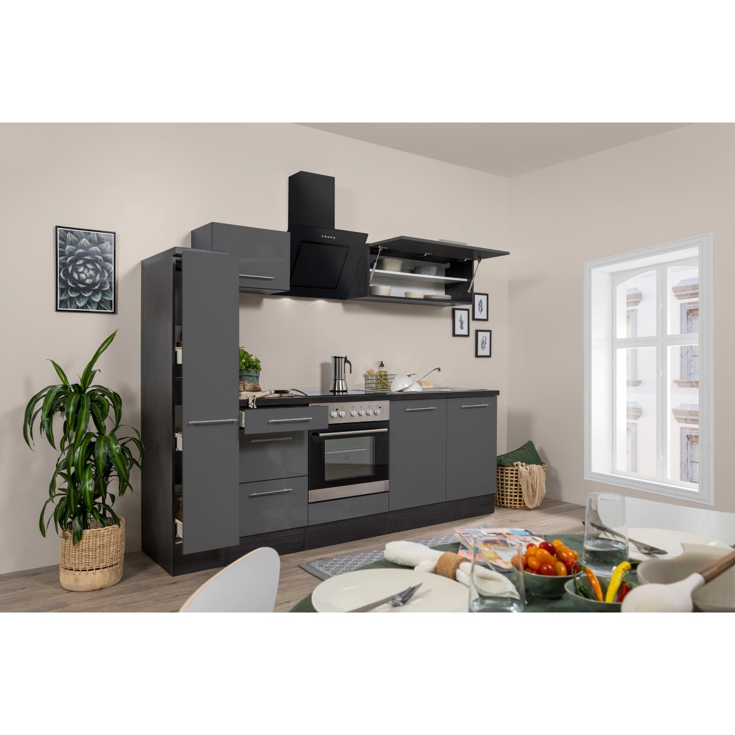 Respekta Kuchyně Amanda šedá/dub 240 cm - trouba+skloker.deska/šikmá digestoř