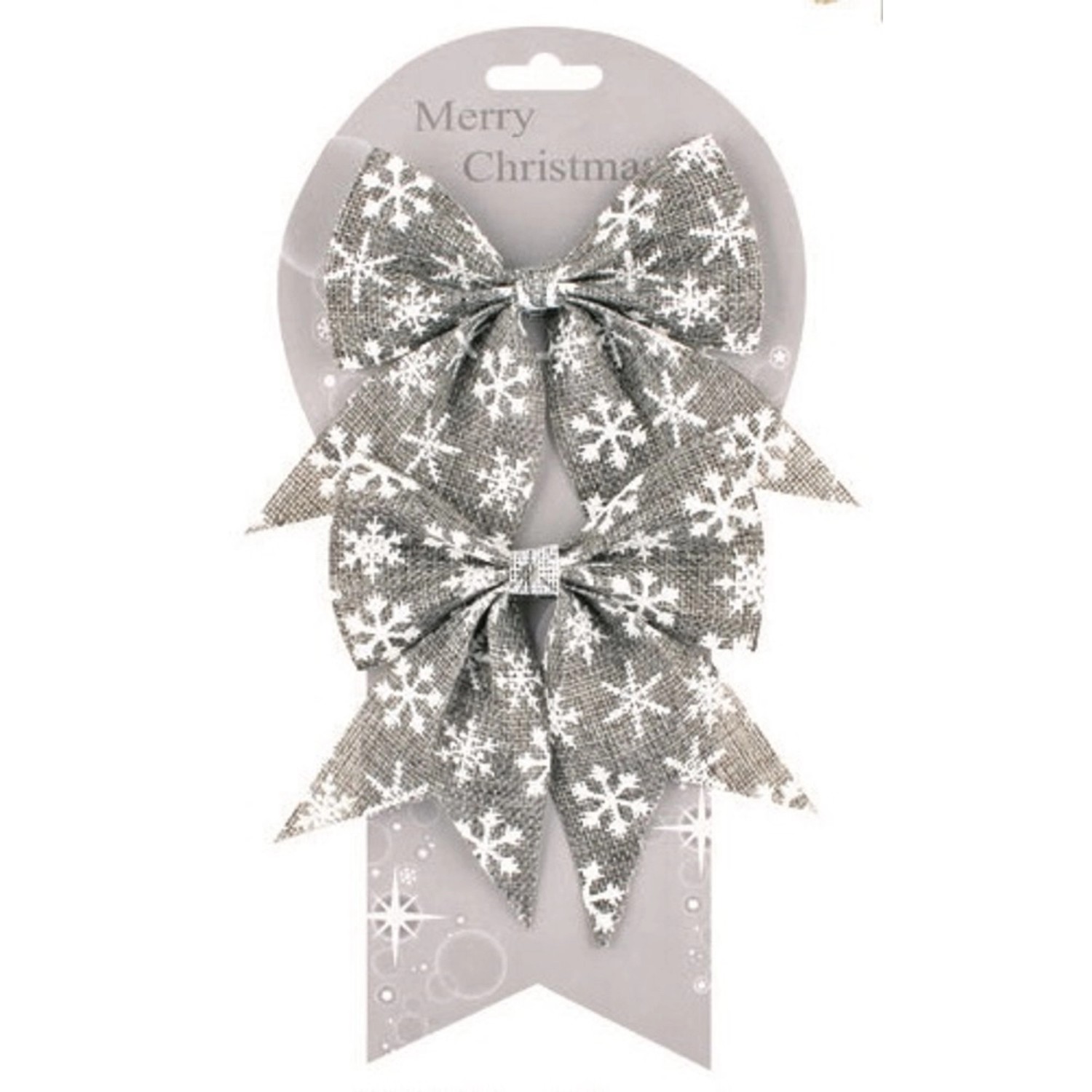 Mašle jutová šedá s bílými vločkami 13 cm, 2 ks