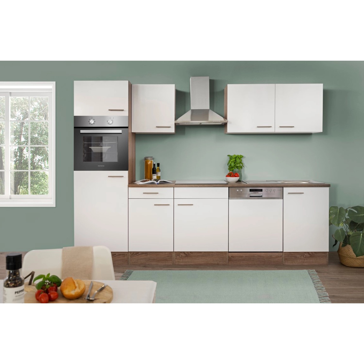 Respekta Kuchyně Oliver bílá/dub 280 cm-trouba/skl.deska/digestoř/lednice/myčka