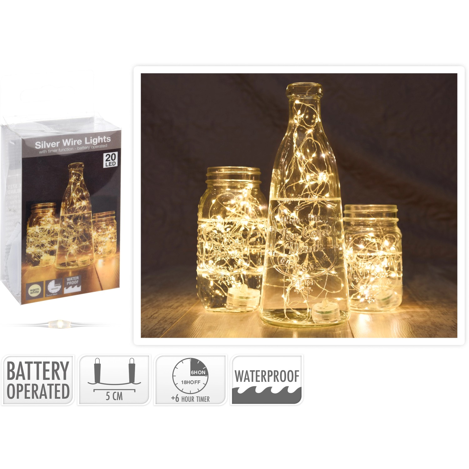 LED světelný drát 20 LED teplá bílá vodotěsný na baterie