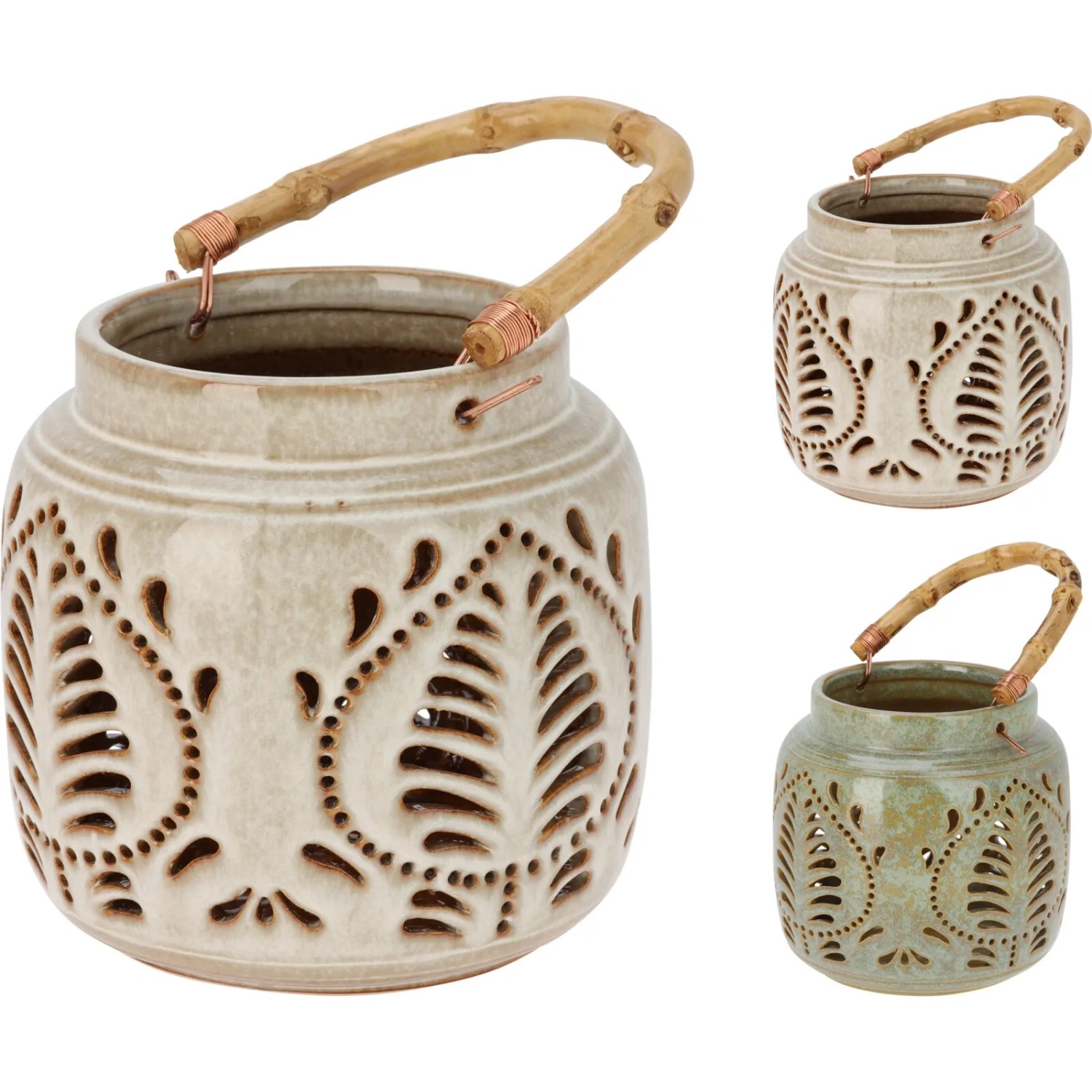 Koopman Porcelánová lucerna s bambusovým madlem, různé barvy, pr. 14,5 x 14 cm