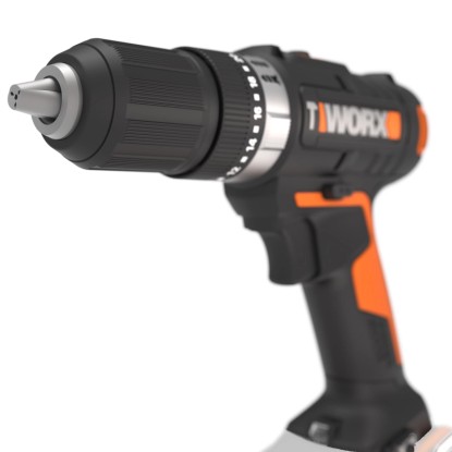 Aku rázový vrtací šroubovák Worx 20 V WX370.9 Solo, aku vrtačka v černé a oranžové barvě.