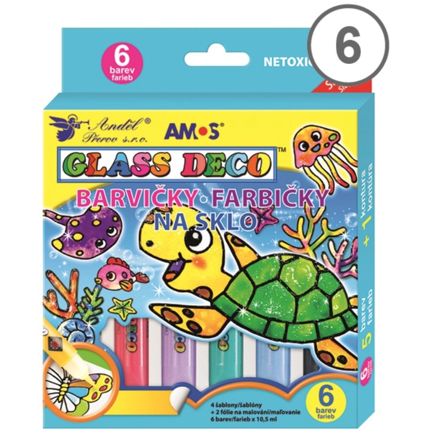 Amos Barvy na sklo sada 6 barev, 10,5 ml + fólie a šablony