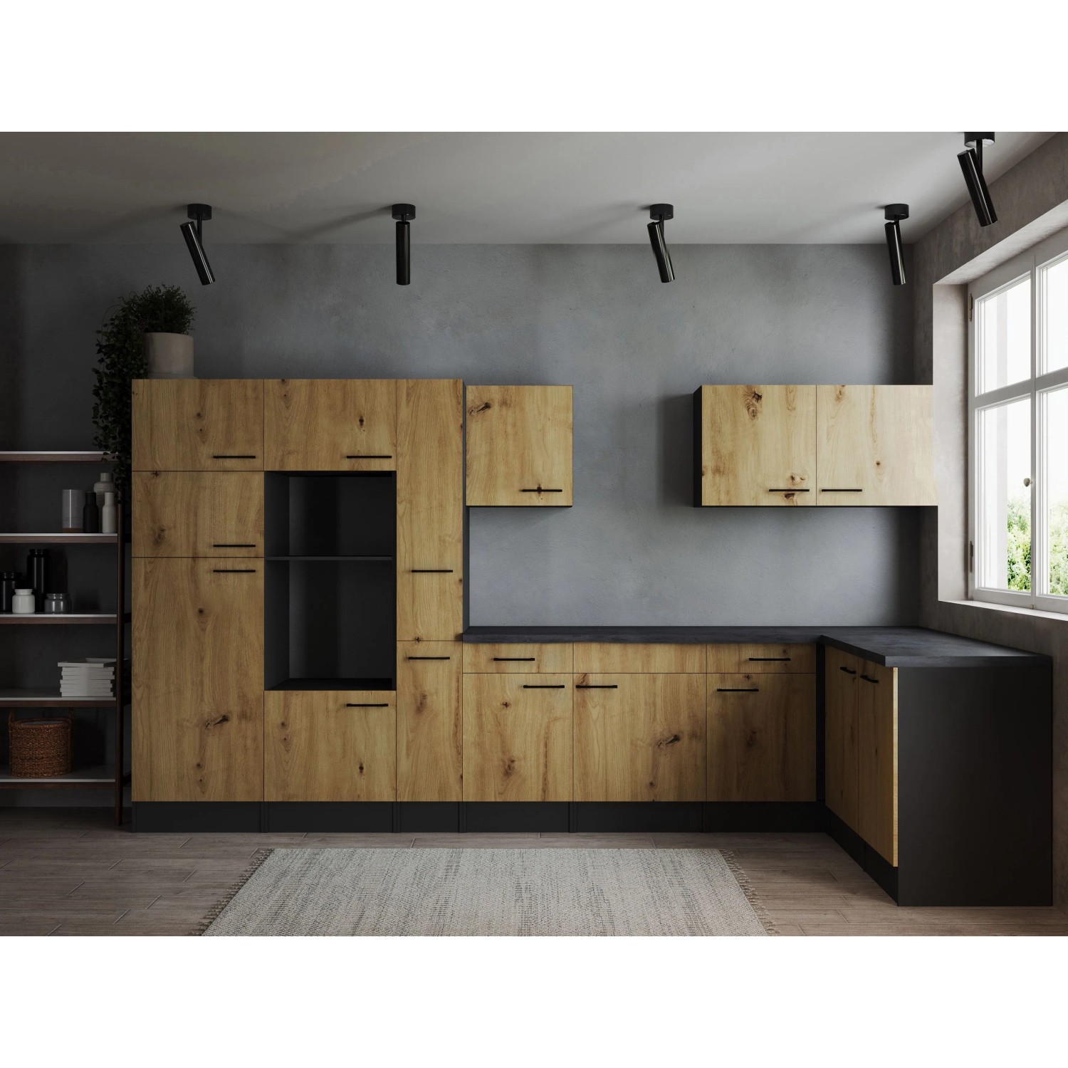 Respekta Kuchyně Oliver L dub Artisan/žula 370 cm - bez el. přístrojů