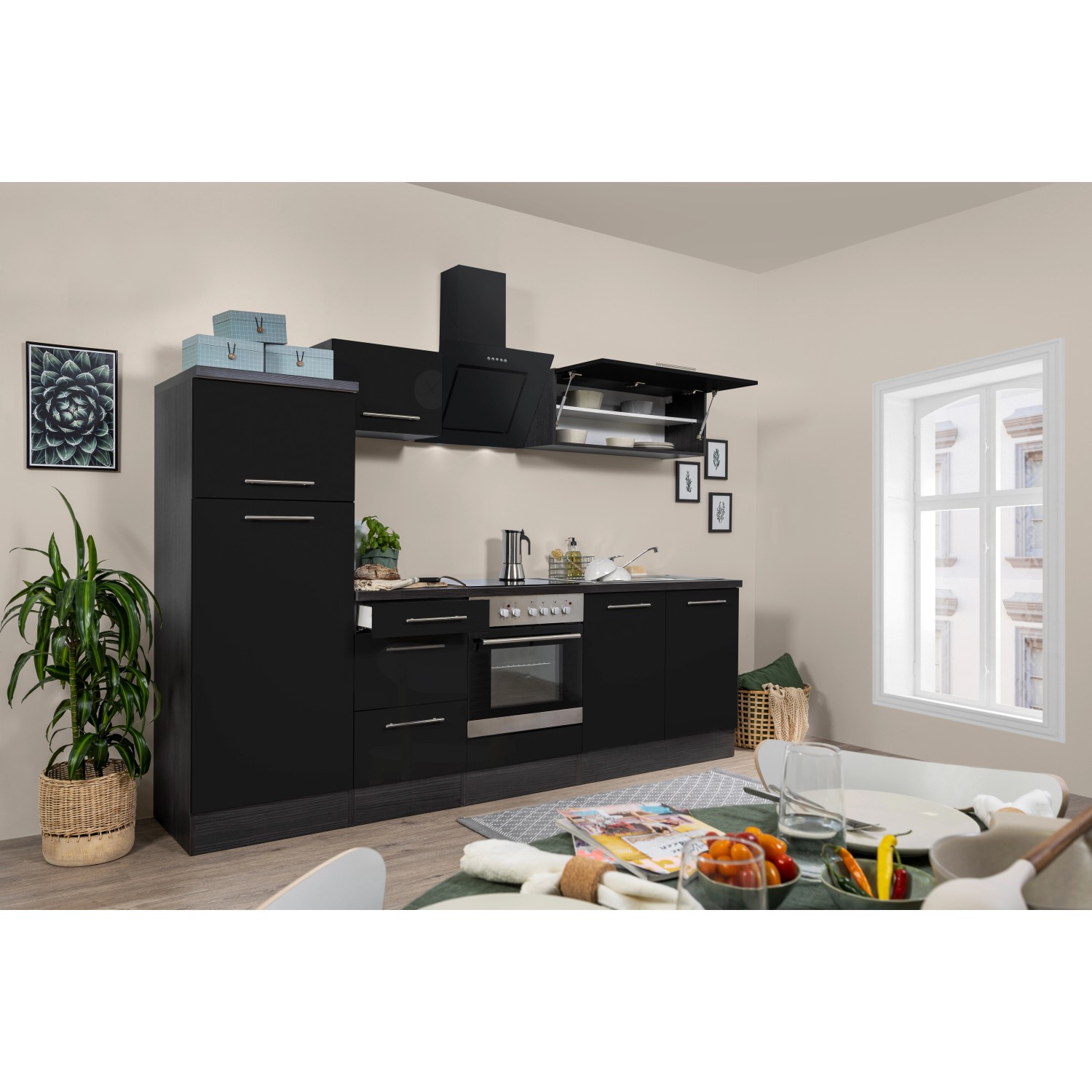 Respekta Kuchyně Amanda černá/dub 270 cm - trouba+skloker.d./digestoř/lednice