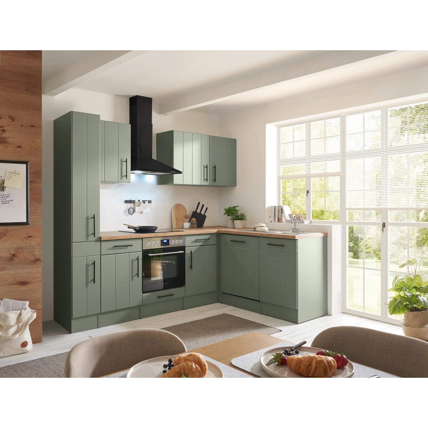 Respekta Kuchyně Anton L zelená/dub divoký 250 cm-trouba+skl.d./myčka/digestoř