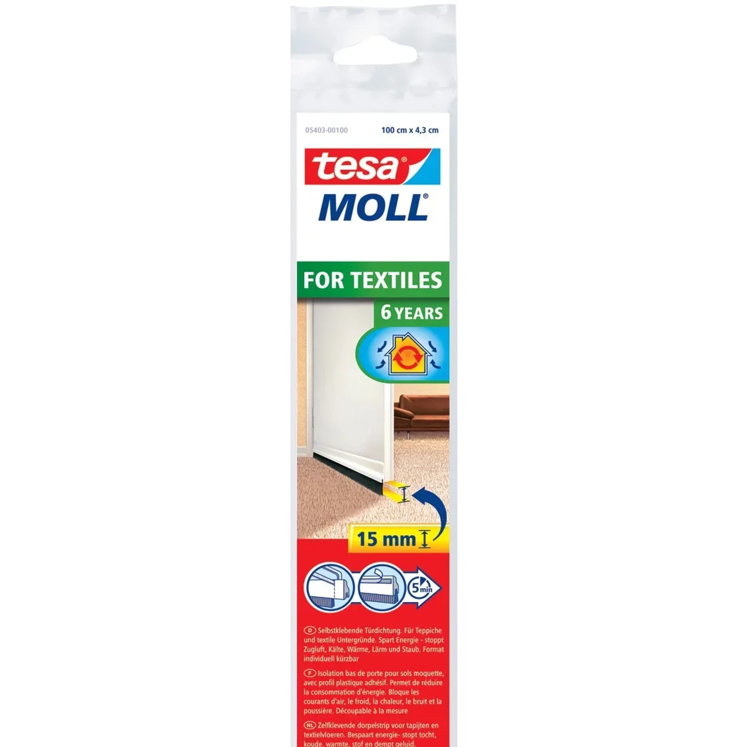 tesa Kartáčová lišta pod dveře tesamoll STANDARD na koberce, bílá, 1 m x 43 mm