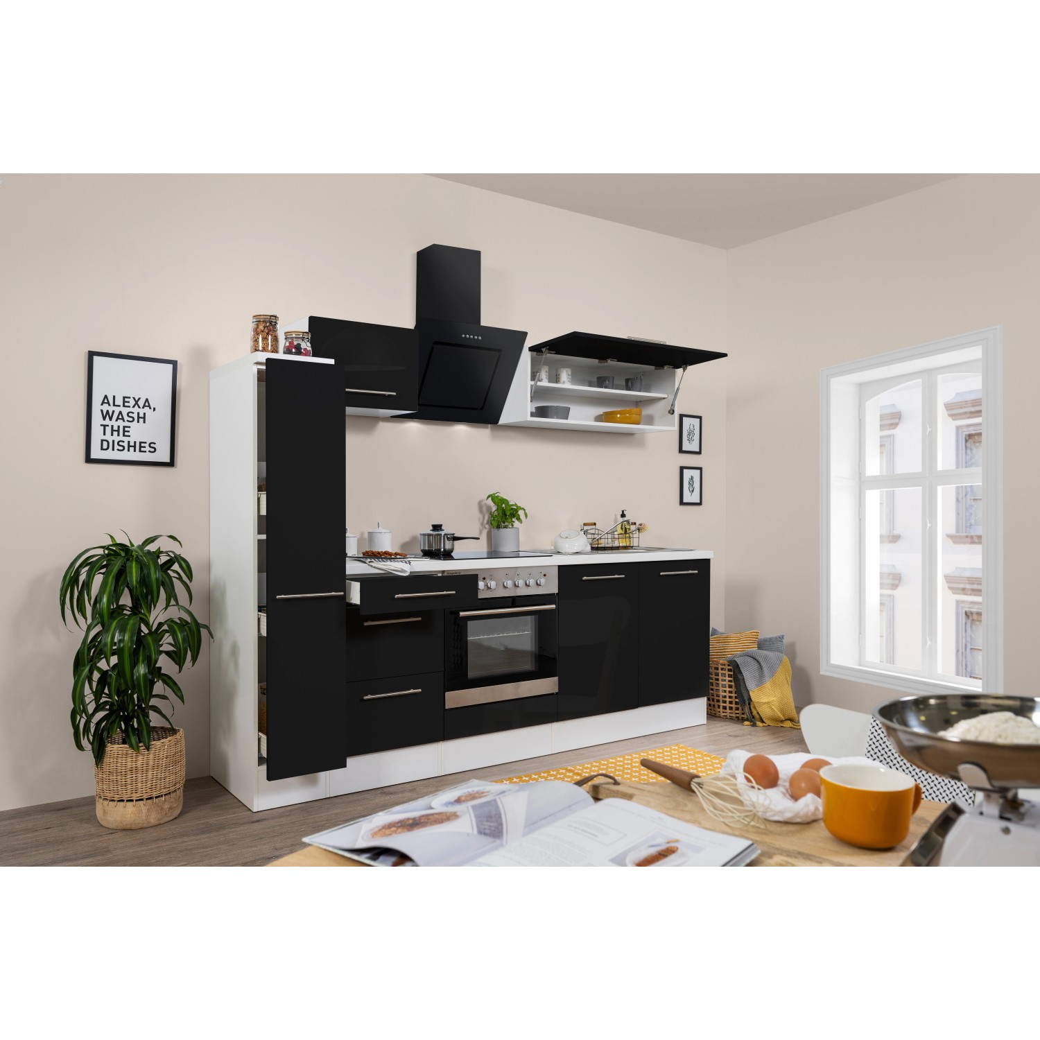 Respekta Kuchyně Amanda černá/bílá 240 cm - trouba+skloker.deska/šikmá digestoř