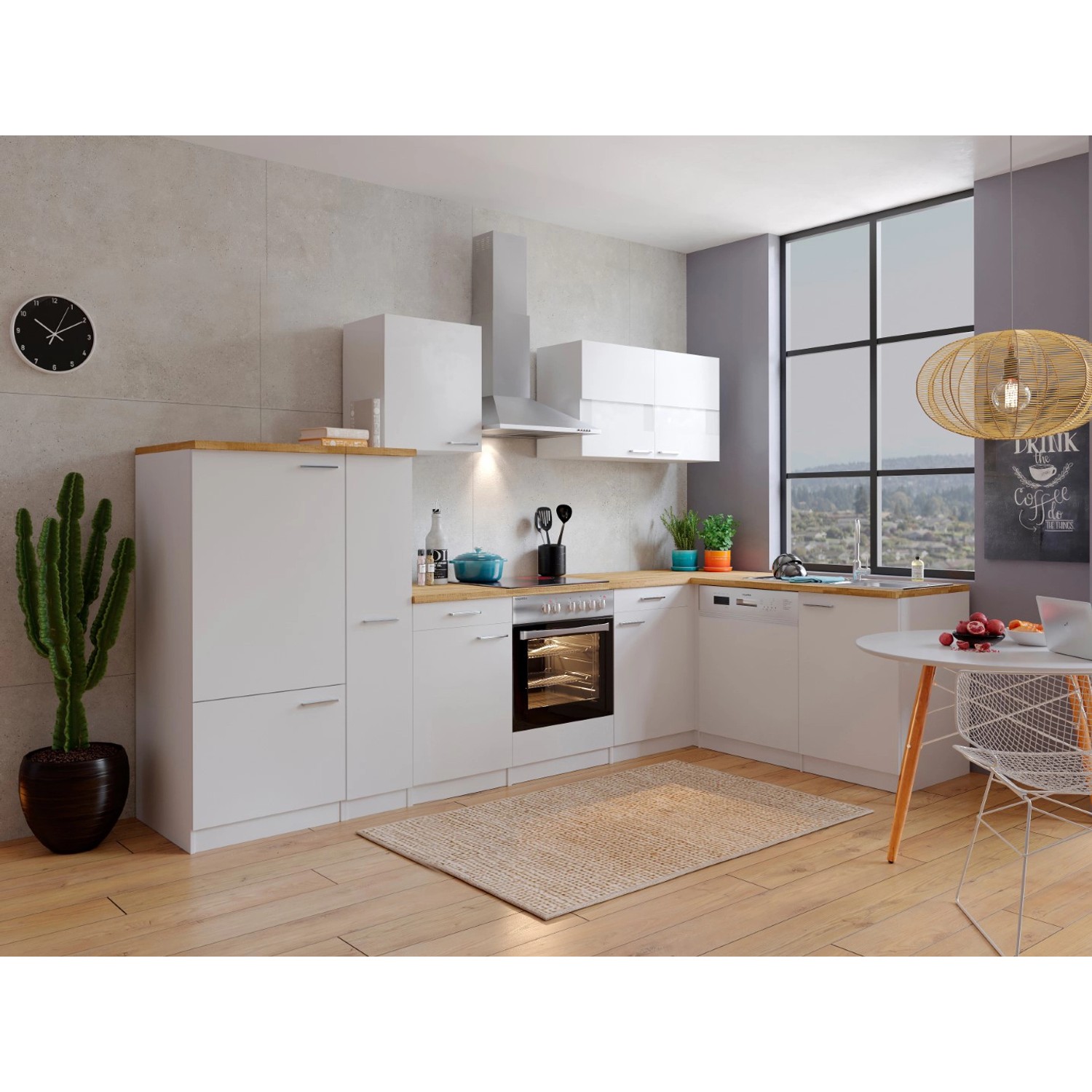 Respekta Kuchyně Malia L bílá/ořech 310 cm-skl.d./kom.digestoř/myčka/lednice