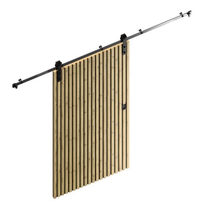 Kompletní sada posuvných dveří Radex akustický panel Lamette, 95x210 cm, s lamelovou strukturou a černým posuvným systémem.
