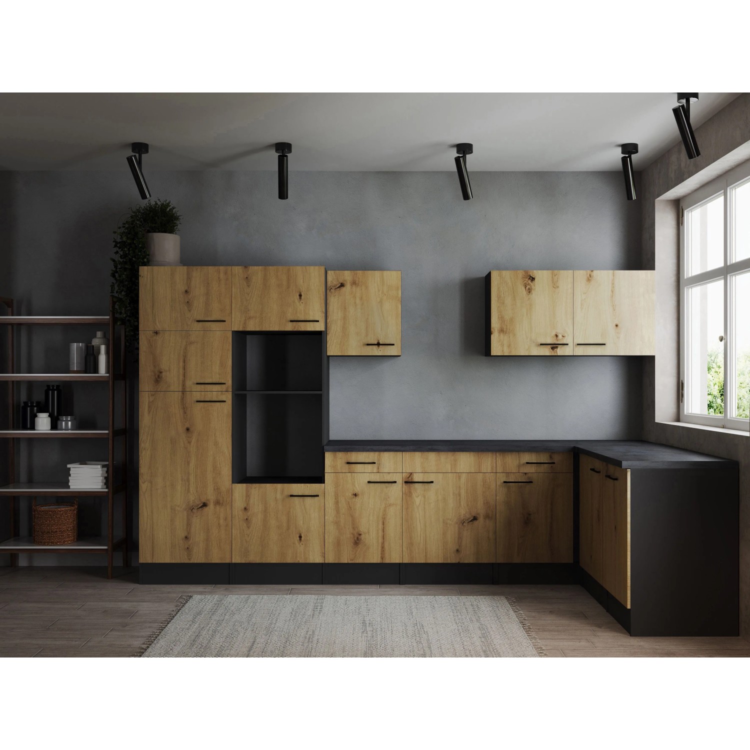 Respekta Kuchyně Oliver L dub Artisan/žula 340 cm - bez el. přístrojů