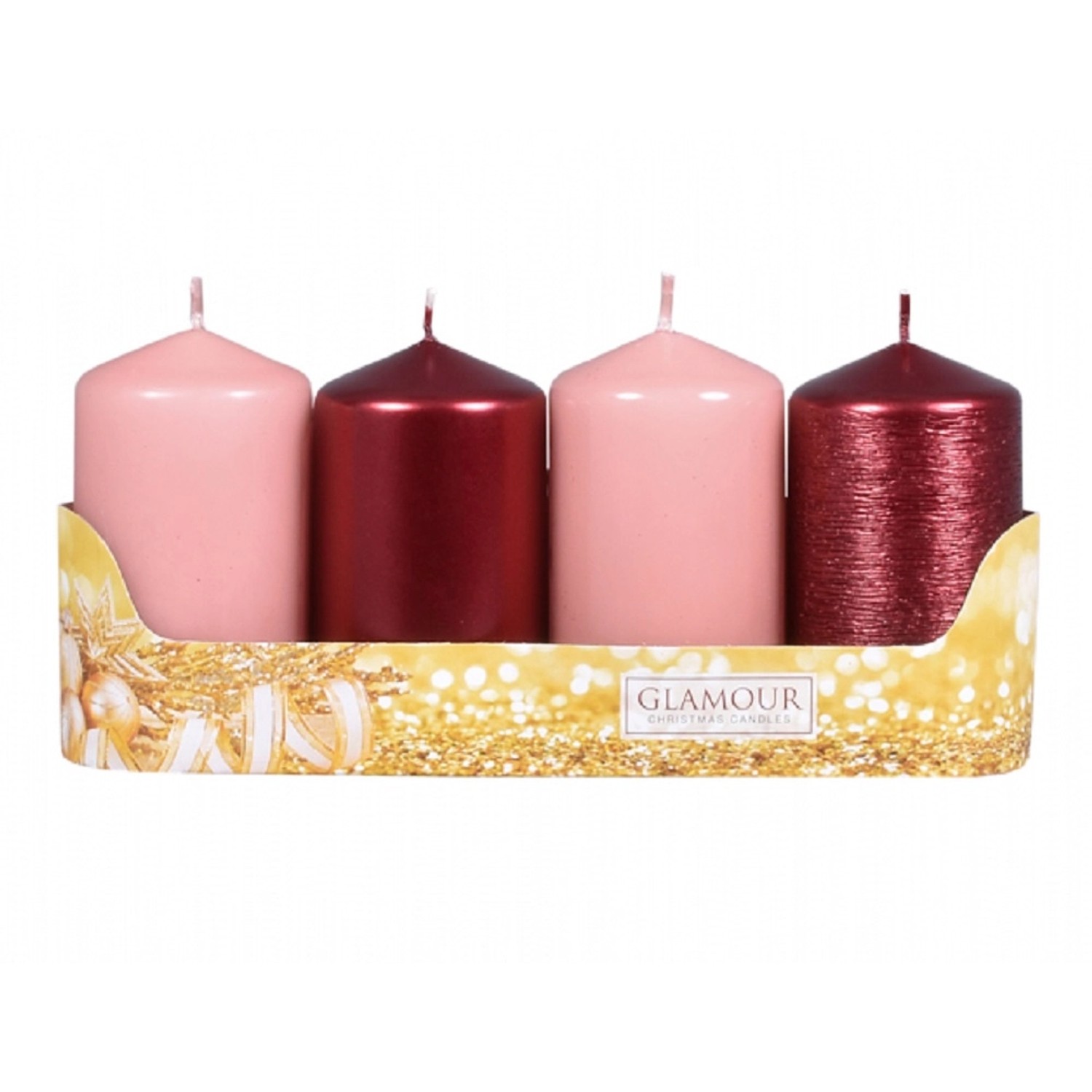 Nohel Garden Svíčka adventní VÁLEC mix povrchů růžová/bordó, pr. 5 x 9 cm, 4 ks