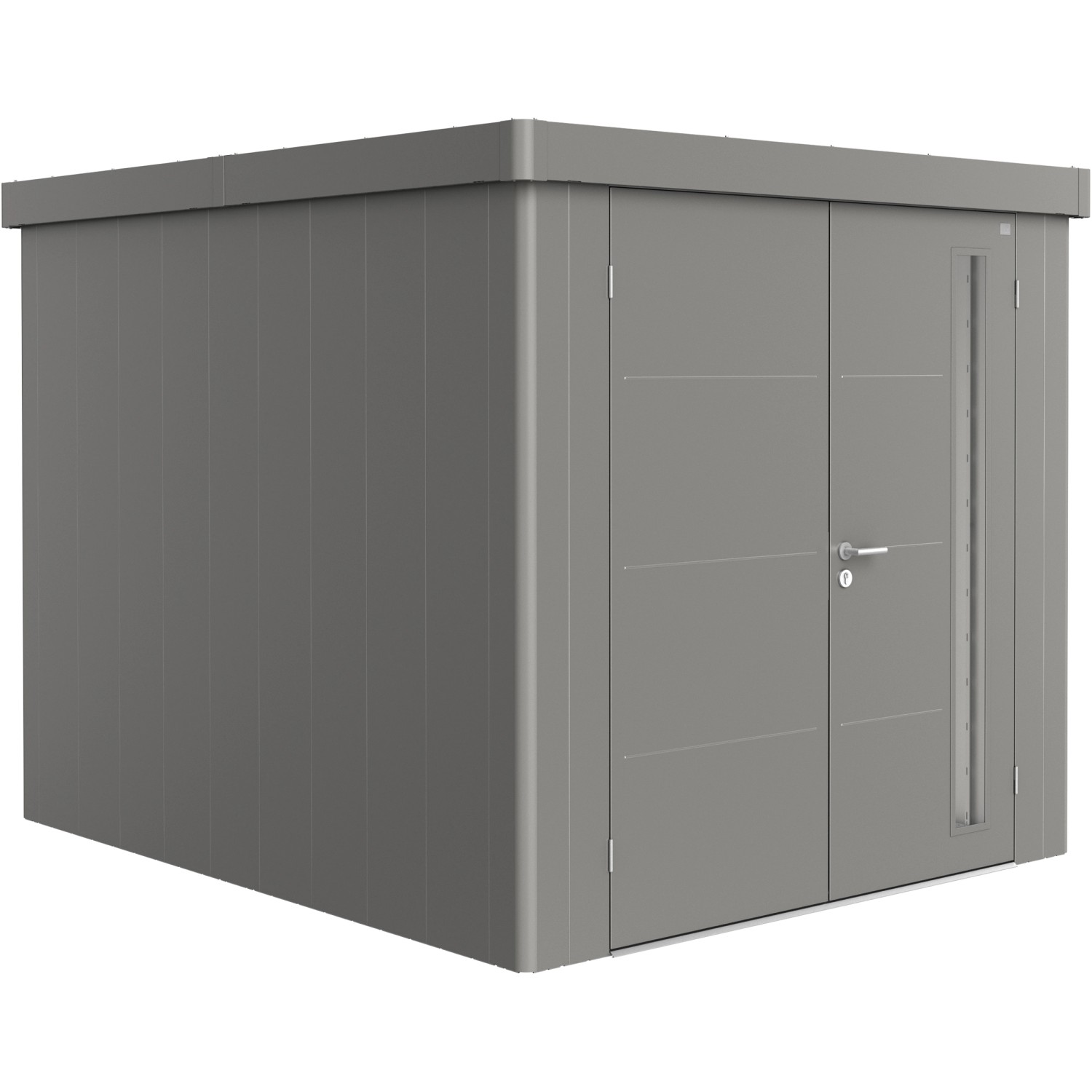Biohort Plechový zahradní domek Neo3B dvoukřídlé dveře křem. šedá 236 x 292 cm