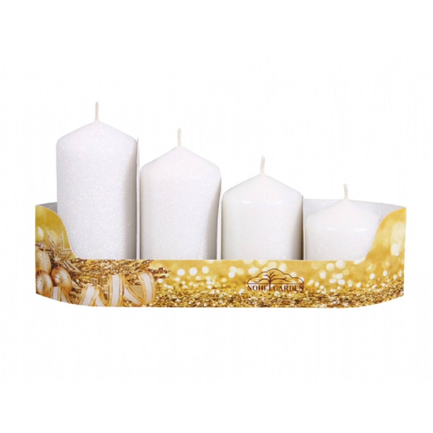 Svíčky adventní STUPŇOVITÉ glitrované bílá, pr. 5 x 6/7,5/9/10,5 cm, 4 ks