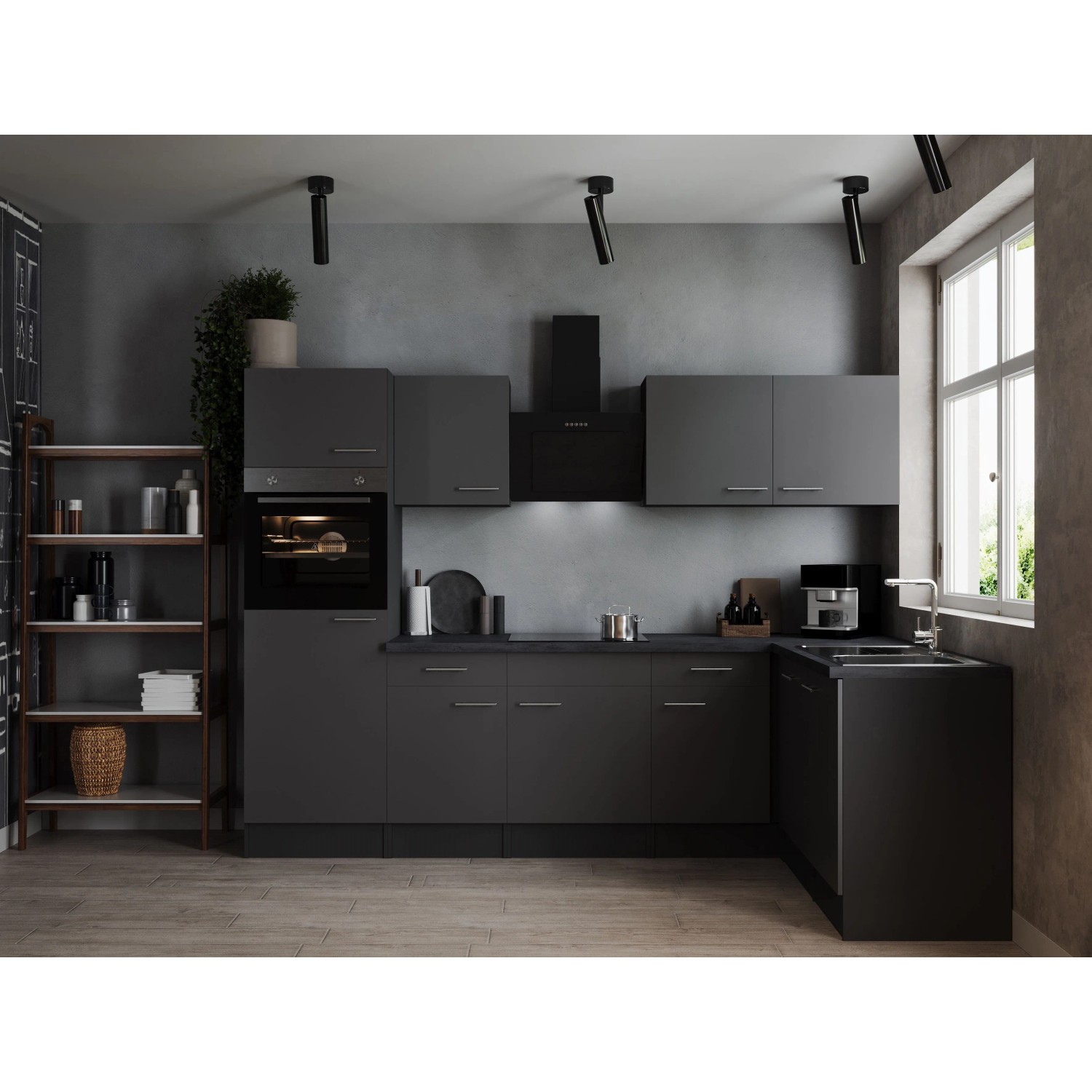 Respekta Kuchyně Oliver L šedá/žula 280 cm-trouba/skl.deska/dig./myčka/led.