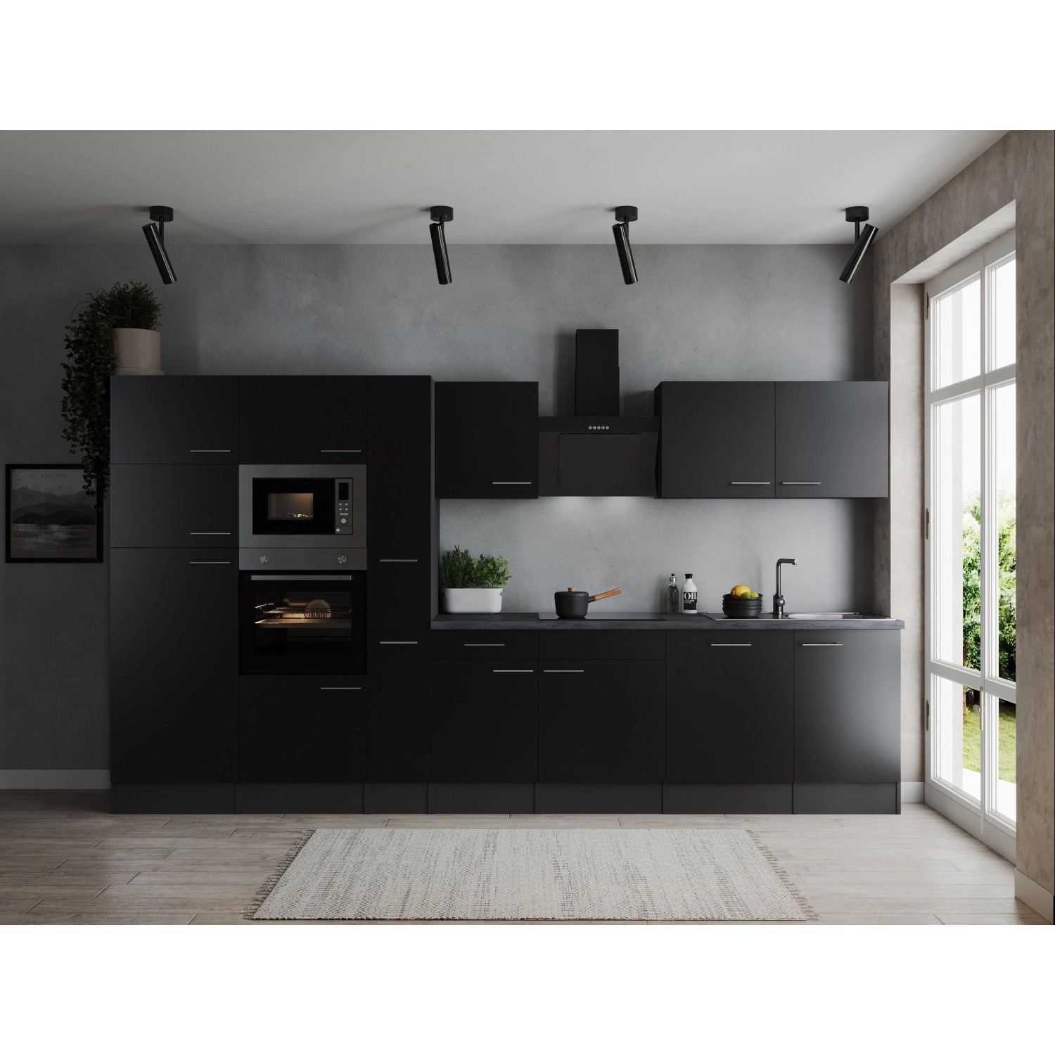 Respekta Kuchyně Oliver černá/žula 370 cm-trouba/skl.deska/dig./myčka/led./mik.