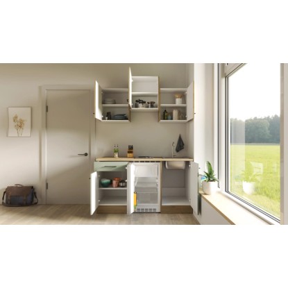 Flex-Well Cara Single Kuchyň, 150 cm, Rákosově zelená/Dub Artisan, s lednicí a varnou deskou.