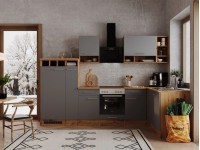 Respekta Kuchyně Hilde L šedá/dub 310 cm-trouba+sklok.d./digestoř/myčka/lednice