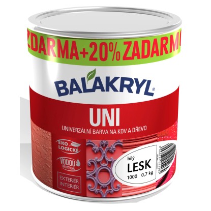 BALAKRYL Univerzální barva na kov a dřevo UNI LESK 1000 bílá 0,7 kg + 20 %ZDARMA
