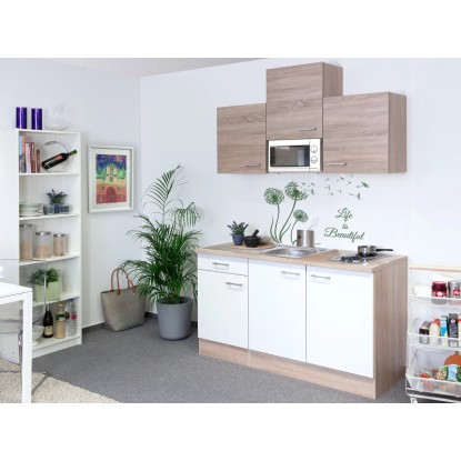 Flex-Well Classic Singlekuchyně Florida 150 cm Sonoma dub/bílá s varnou deskou a mikrovlnnou troubou.