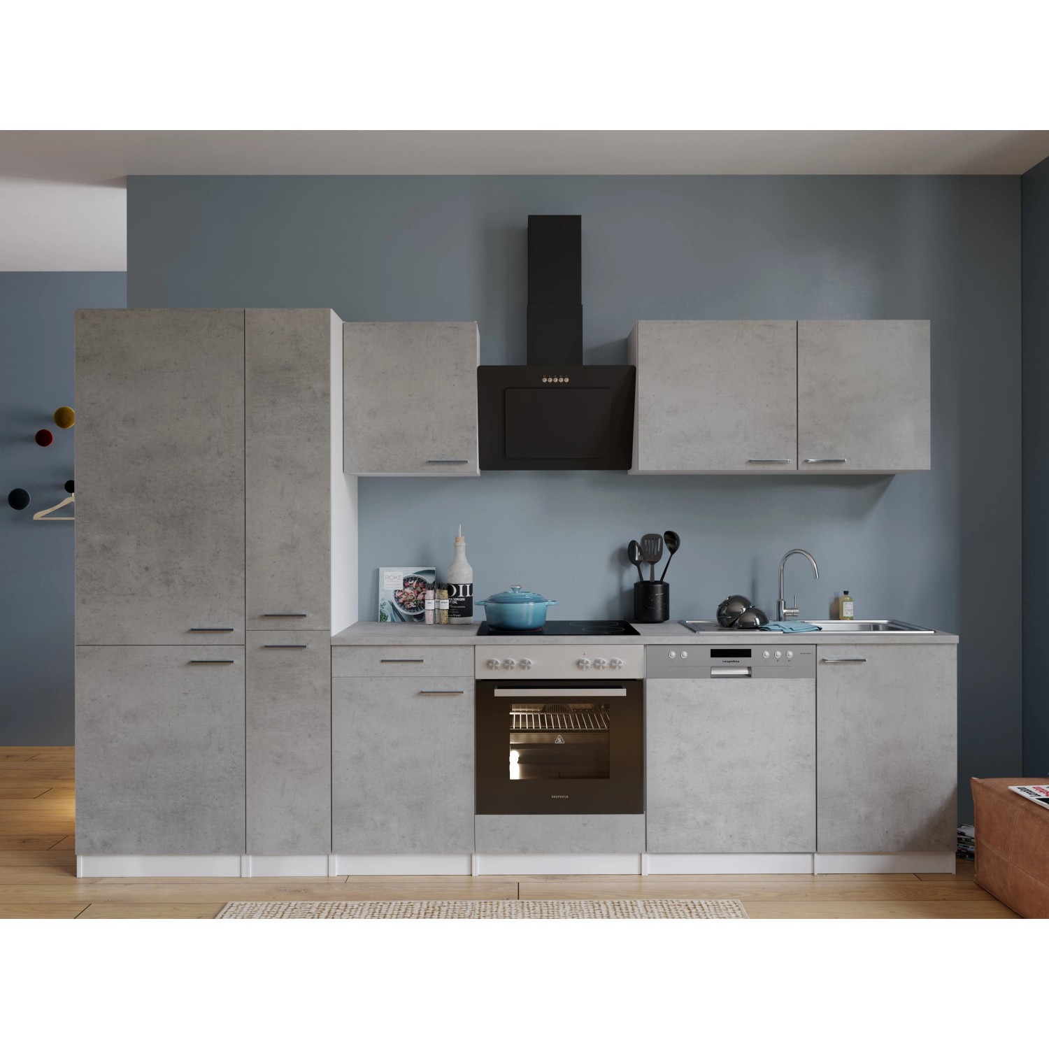 Respekta Kuchyně Malia beton/beton 310 cm - skl.d./šik.dig./myčka/kombi.lednice