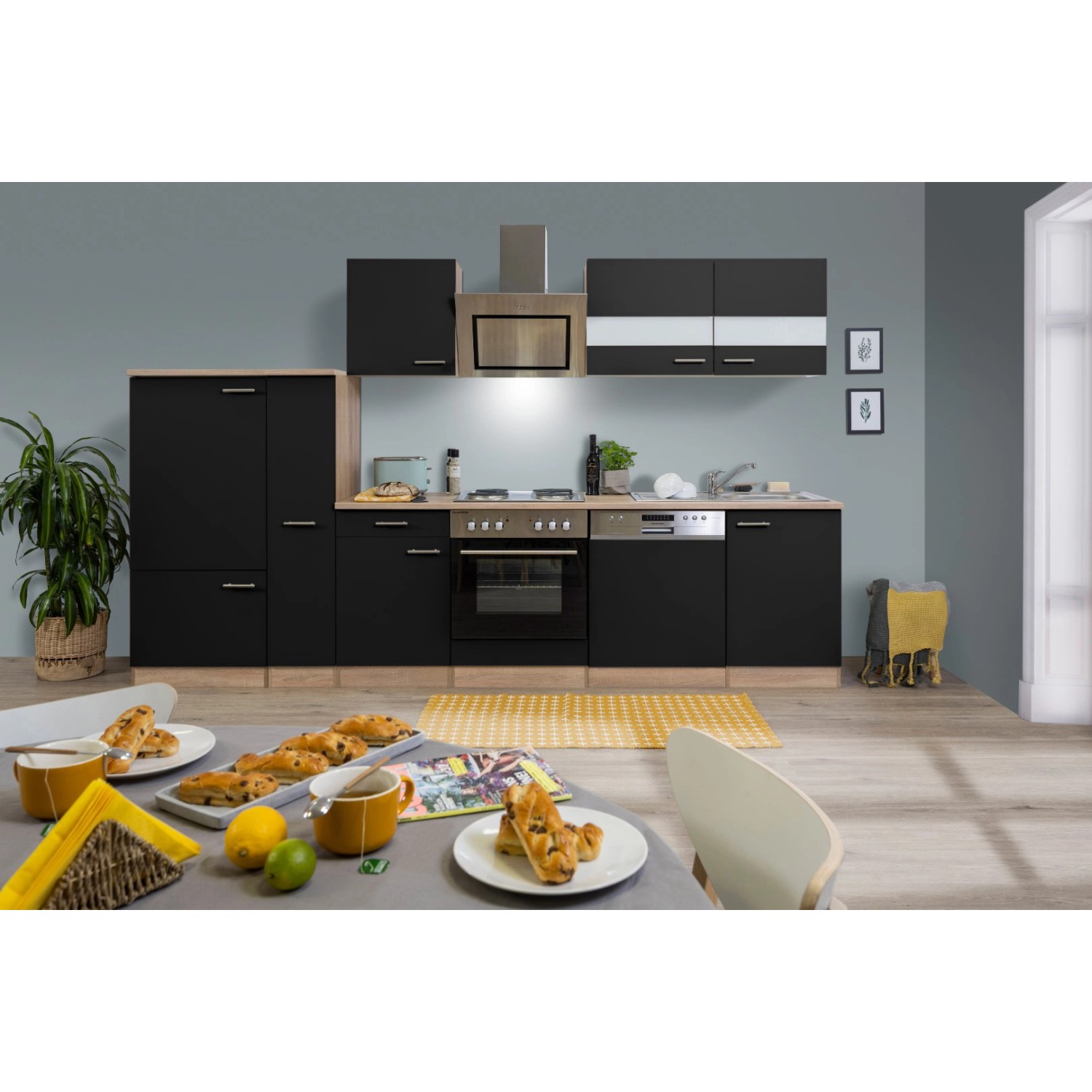 Respekta Kuchyně Merle černá/dub 310 cm-nrz.deska/šikmá digestoř/myčka/lednice