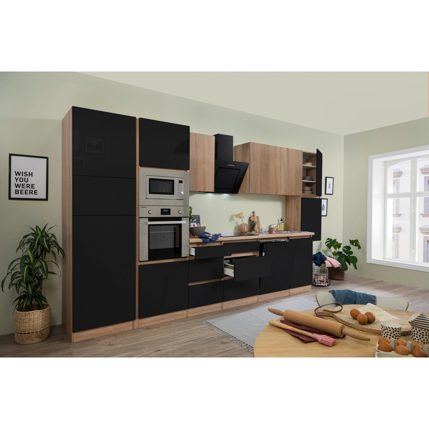 Respekta Kuchyně Lorena černá/dub 395 cm-trouba/sk.d.(2)/dig./myčka(2)/led./mik.