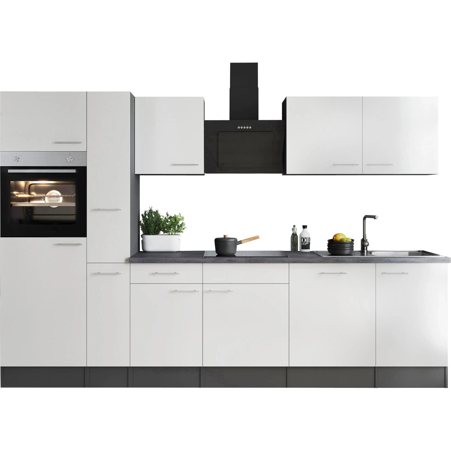 Respekta Kuchyně Oliver bílá/žula 310 cm-trouba/skl.deska/dig./myčka/led.