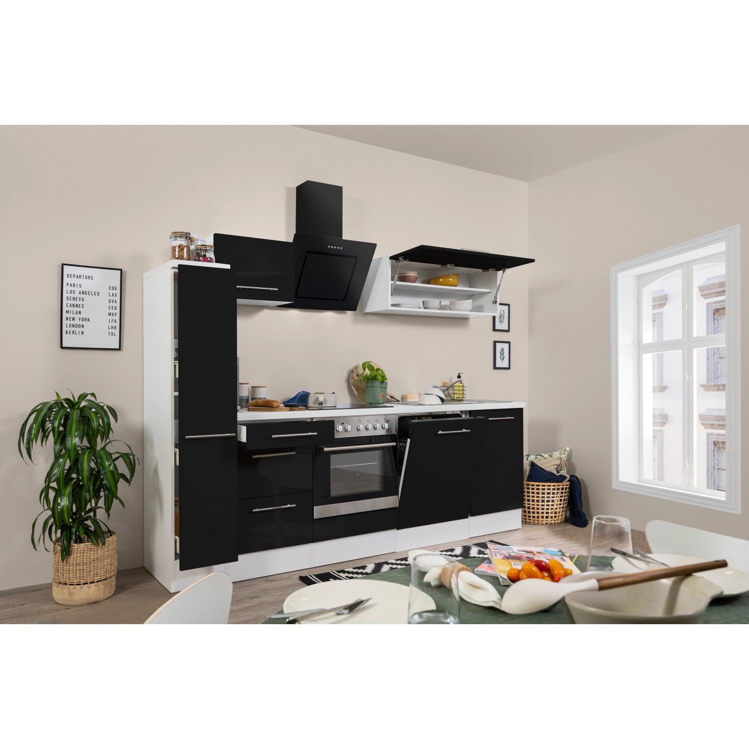 Respekta Kuchyně Amanda černá/bílá 250 cm - trouba+sklok.d./šikmá digestoř/myčka